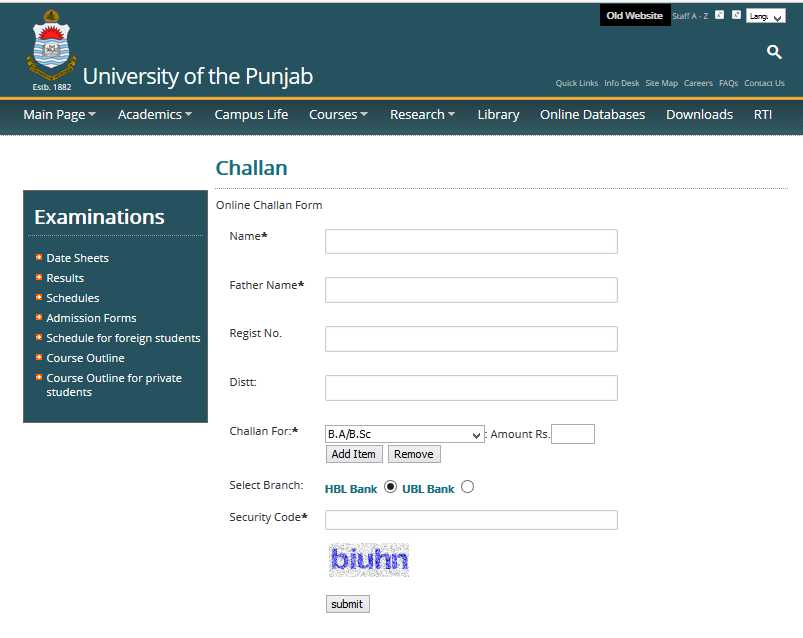 online challan punjab university